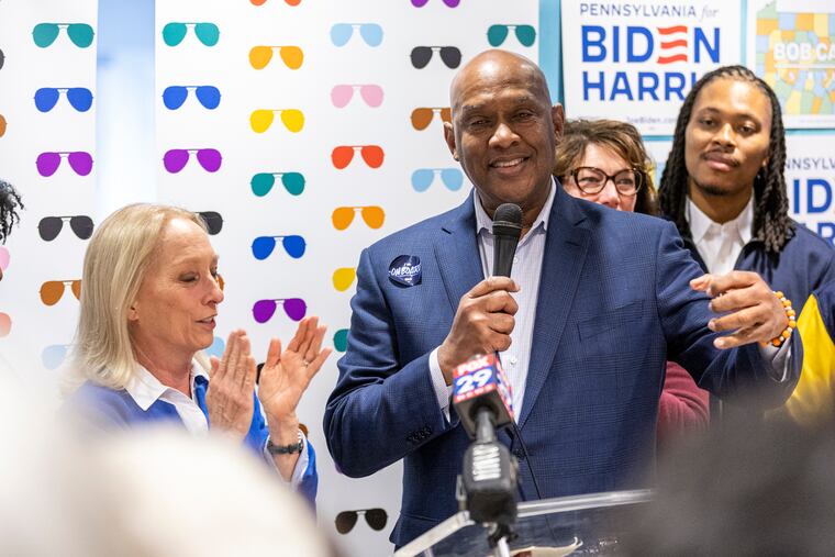 U.S. Representatives Dwight Evans and Mary Gay Scanlon, speak at the grand opening of the Pennsylvania Democratic Coordinated Campaign’s Eastern Pennsylvania Headquarters in Philadelphia, Pa., on Saturday, March 30, 2024.