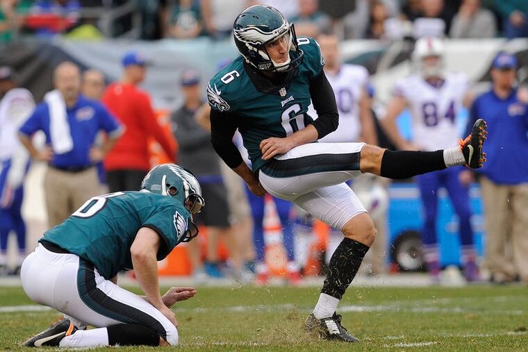 Eagles kicker Caleb Sturgis kicks a 45-yard field goal at the end of the 1st half of the game at Lincoln Financial Field between the Buffalo Bills and the Philadelphia Eagles. ( CLEM MURRAY / Staff Photographer )