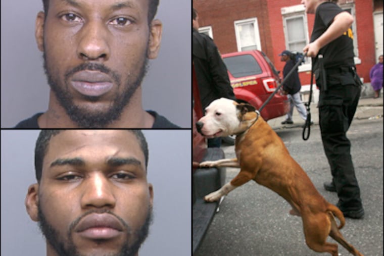 Left: Rashawn Coleman (top) and Vincent Floyd (bottom) were two of 17 people arrested in a dog-fighting ring Monday. Right: Authorities seized 12 dogs and a cache of drugs and guns in a raid Monday morning. (Alejandro A. Alvarez / Staff)