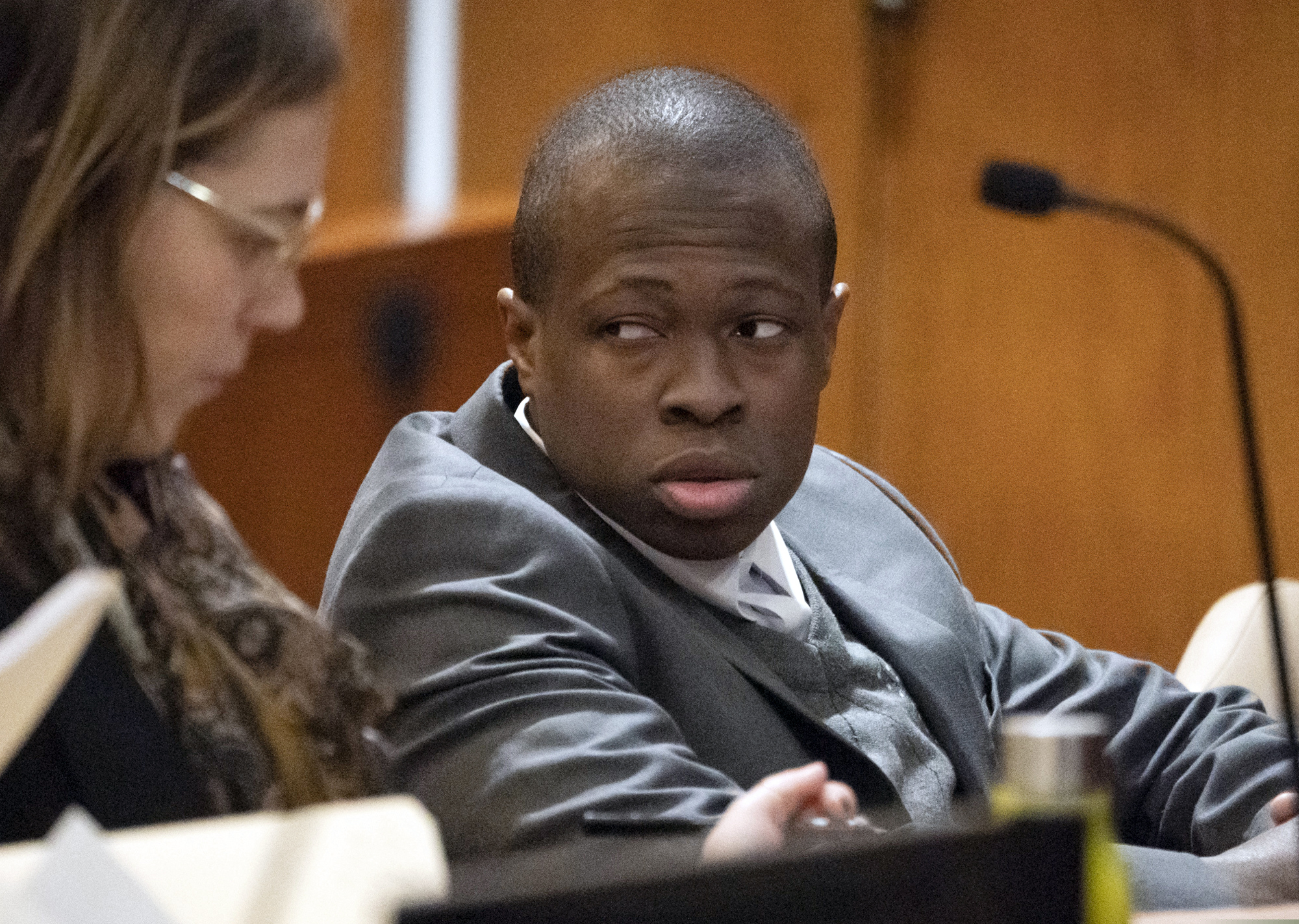 FILE - In this Tuesday, March 26, 2019, file photo, defendant Chanel Lewis is seated at the defense table at Supreme Court in the Queens Borough of New York, on the sixth day of his retrial for the August 2016 murder of Karina Vetrano. On Monday, April 1, 2019, a jury convicted Lewis of the murder. A previous trial ended in a hung jury. (Charles Eckert / Newsday via AP, Pool, File)
