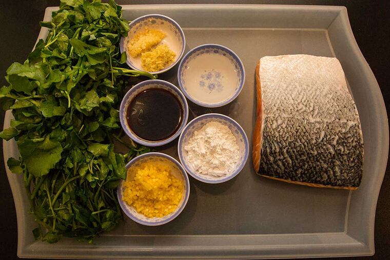 The ingredients for crispy-skinned pineapple salmon. Mildly sweet and fragrant, the dish can work well for any occasion.