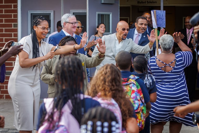 From left are Pennsylvania State Rep. Morgan Cephas, Philadelphia Mayor Jim Kenney, Pennsylvania State Senator Vincent Hughes and Tony Watlington, Superintendent of Philadelphia Public School on first day of school at Guion S. Bluford Elementary School N. 57th and Media, Philadelpia. Today is the first day of school for Philadelphia public school students, Tuesday, September 5, 2023. .
