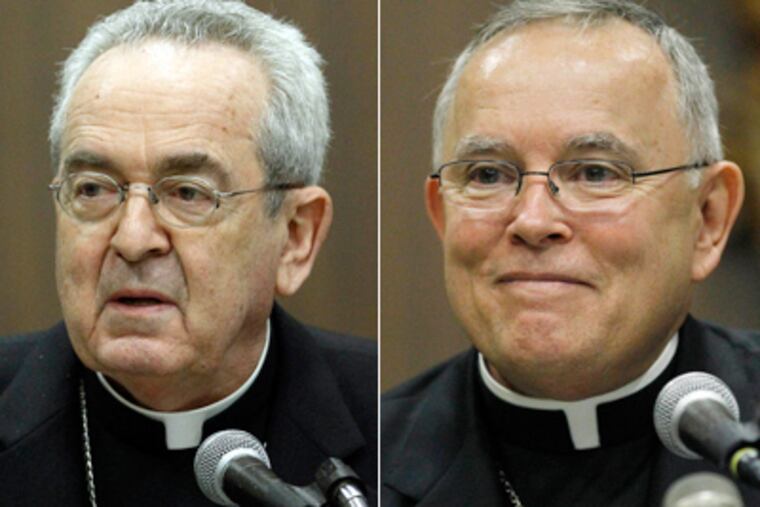 Cardinal Justin Rigali, left, will be replaced in Philadelphia by current Denver Archbishop Charles Chaput in September. (AP Photos)