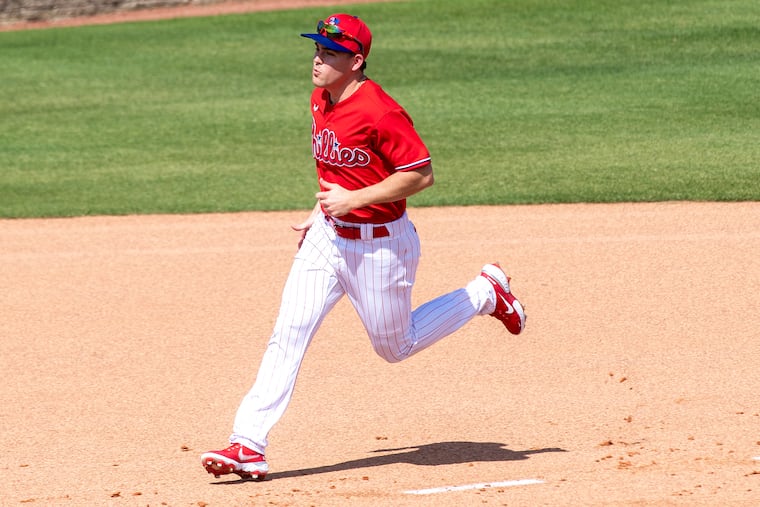 Phillies Scott Kingery runs the bases during spring training practice in Clearwater, Fla. Monday, February, 22, 2021.