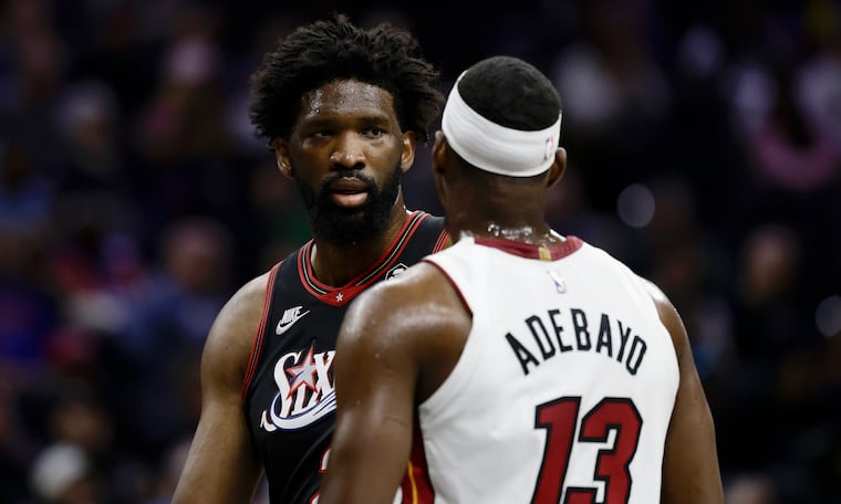 Sixers center Joel Embiid during a game against Bam Adebayo and the Heat on Feb. 26.