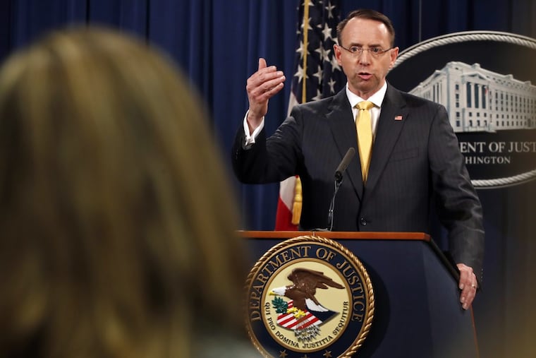 Deputy Attorney General Rod Rosenstein answers a question after announcing that the office of special counsel Robert Mueller announced a grand jury has charged 13 Russian nationals and several Russian entities, Friday, Feb. 16, 2018, in Washington.