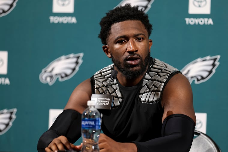 Philadelphia Eagles linebacker Jonathan Greenard speaks with reporters during mandatory mini-camp at the Jefferson Health Training Complex on Wednesday, June 10, 2026 in Philadelphia.