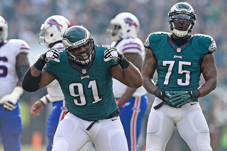 Philadelphia Eagles defensive end Fletcher Cox celebrates after a sack against the Bills.