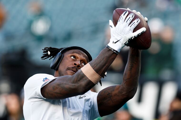 Eagles wide receiver A.J. Brown warms up before taking on the Green Bay Packers in the wild-card round of the NFL playoffs on Sunday, Jan. 12, 2025 in Philadelphia.