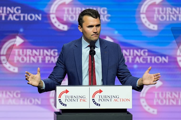 Turning Point USA Founder Charlie Kirk. who was assassinated last year, speaks during a campaign rally in Las Vegas in 2024. Turning Point USA says interest in its high school clubs has grown since Kirk's death.