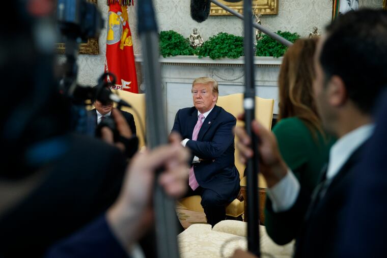 President Donald Trump pauses as he speaks during a meeting with Egyptian President Abdel Fattah el-Sisi in the Oval Office of the White House, Tuesday, April 9, 2019, in Washington. (AP Photo/Evan Vucci)