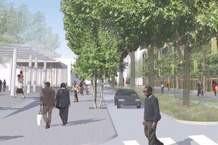 Newly designed plaza at the intersection of Green Street and Germantown ave, formerly the Footlocker store. To the right, the newly designed streetscape of Chelten Avenue emphasizes the importance of pedestrian and bike traffic, as well as a connection to Vernon Park with newly designed retail/residential mixed use buildings.