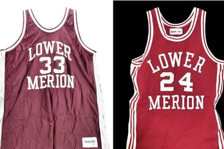 This image provided by Goldin Auctions on Friday, May 3, 2013, shows Lower Merion High School basketball jerseys worn by Los Angeles Lakers star Kobe Bryant. (AP Photo/Goldin Auctions)