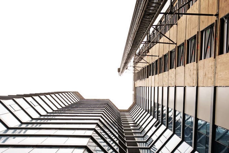 Looking up from a crane at 3737 Chestnut, a future residential tower.