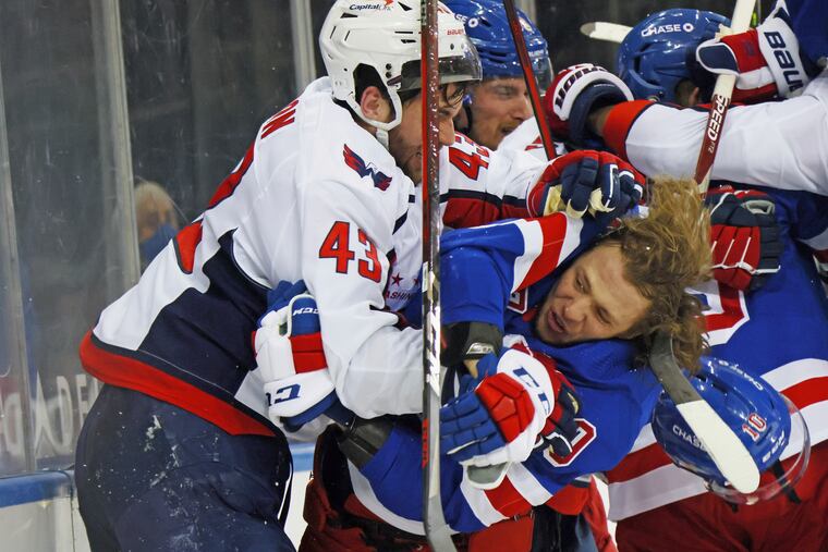 Washington Capitals' Tom Wilson (43) avoided a sixth suspension despite rag-dolling Artemi Panarin on Monday. Wilson dangerously slammed Panarin to the ice causing Panarin to miss the season's final three games.