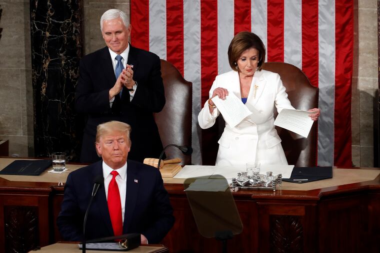 House Speaker Nancy Pelosi of Calif., tears her copy of President Donald Trump's s State of the Union address after he delivered it to a joint session of Congress on Capitol Hill in Washington on Tuesday.