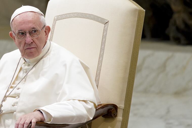 Pope Francis holds his weekly general audience in the Pope Paul VI hall at the Vatican, Wednesday, Aug. 22, 2018. (AP Photo/Andrew Medichini)