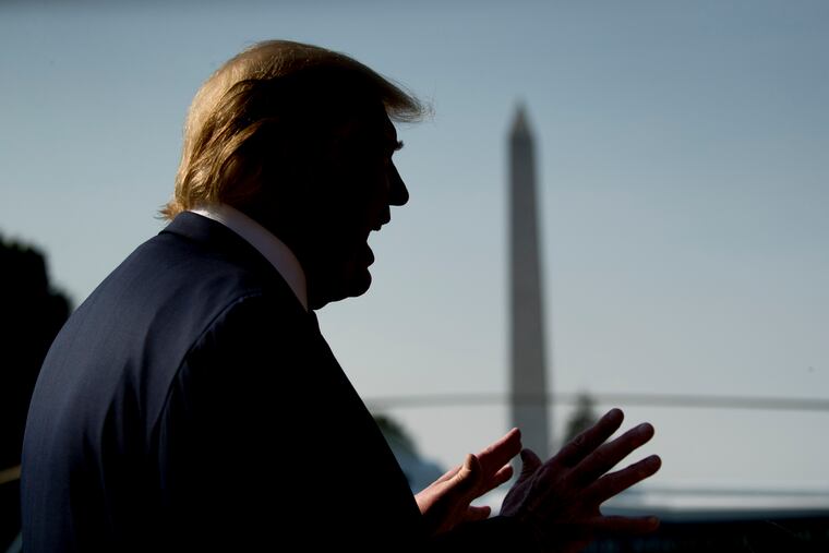 President Donald Trump speaks to members of the media on the South Lawn of the White House in Washington, Wednesday, Aug. 7, 2019, before boarding Marine One for a short trip to Andrews Air Force Base, Md., and then on to Dayton, Ohio, and El Paso, Texas, in the afternoon to praise first responders and console family members and survivors from two recent mass shootings.