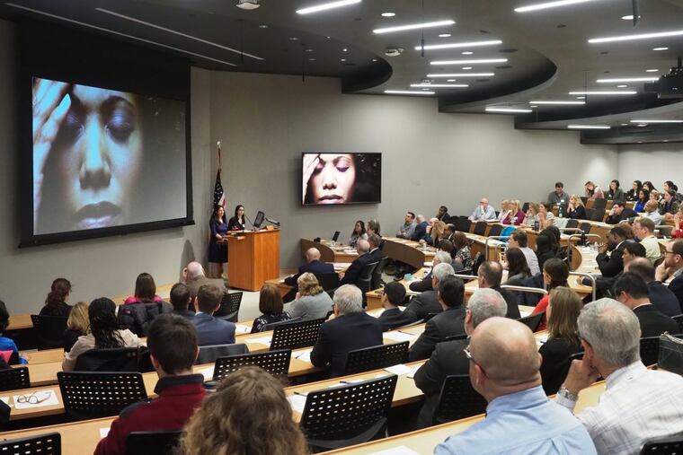 At the Penn Medicine Innovation Accelerator Pitch Day in the Medical School's Law Auditorium on Monday, six teams of Penn clinicians presented their care delivery innovation projects. Here at the podium, are Sindhu Srinivas, MD, and Adi Hirshberg, MD, detailing their "Heart Safe Motherhood" project.
