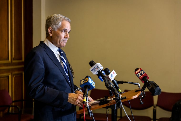 District Attorney Larry Krasner, speaks to reporters on Oct., 5, 2022.
