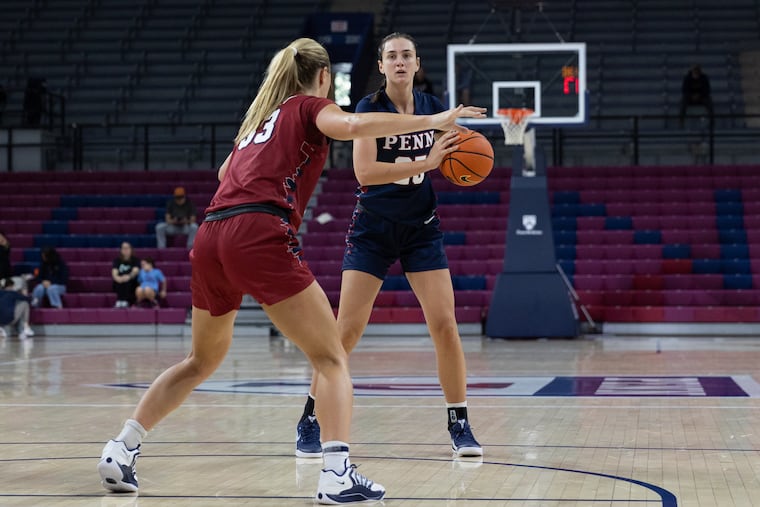 Penn forward Katie Collins (right) during the Quakers' women’s basketball preseason intrasquad scrimmage at the Palestra earlier this month.