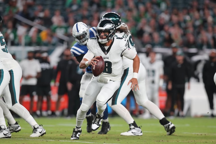Eagles quarterback Marcus Mariota scrambles against Indianapolis Colts in the first quarter during preseason game on Thursday, August 24, 2023 in Philadelphia.