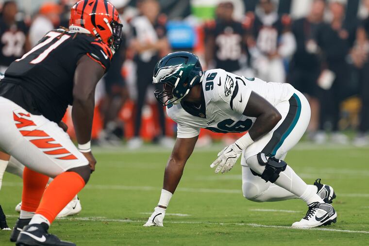 Eagles defensive tackle Gabe Hall at the line against the Cincinnati Bengals in a preseason game on Aug. 7.