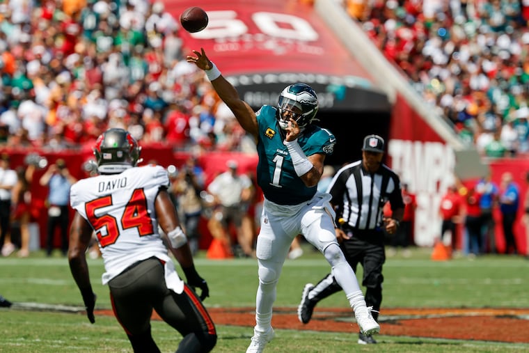 The cleats Eagles quarterback Jalen Hurts wore in Sunday's win over the Tampa Bay Buccaneers had a message on them.