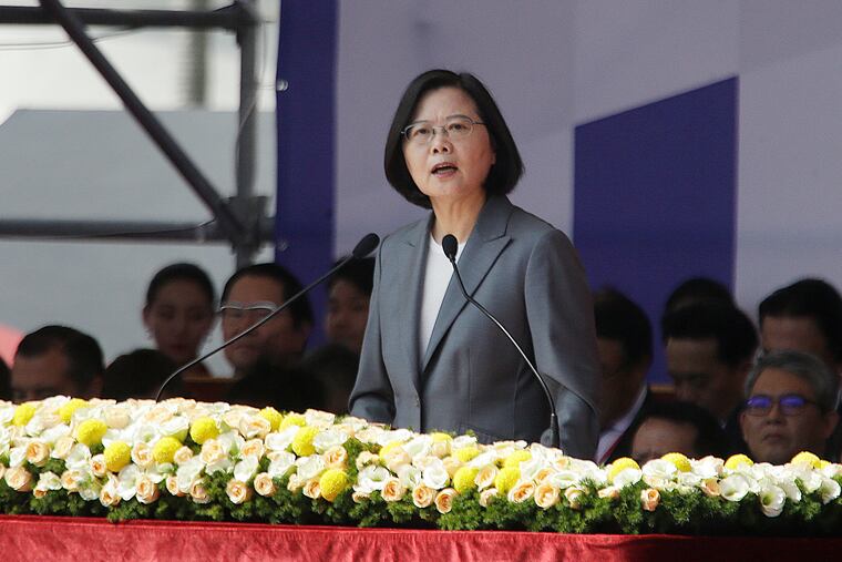 Taiwan President Tsai Ing-wen delivers a speech during National Day celebrations in front of the Presidential Building in Taipei, Taiwan, last month. In the national day address, President Tsai said China was threatening the island "nonstop" and posing a major challenge to regional peace and stability.