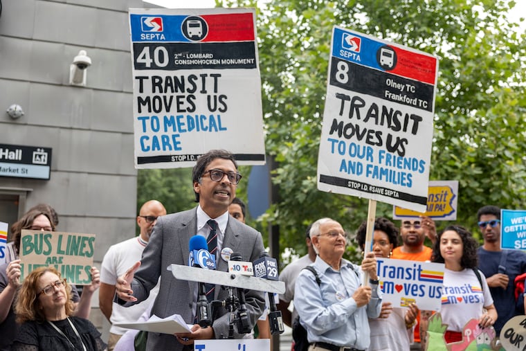 Senator Nikil Saval, speaks at a press conference calling for more SEPTA funding from the state at Independence Hall in Philadelphia, Pa., on Friday, June 26, 2026.