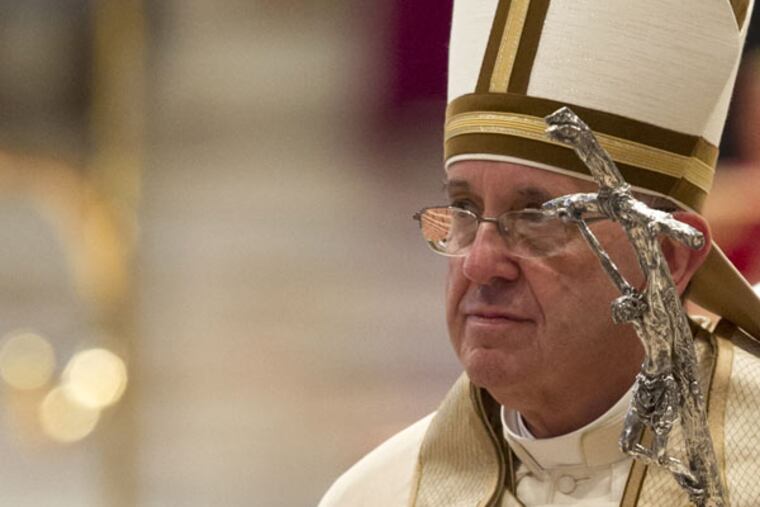 Pope Francis leaves at the end of a prayer on the occasion of the World Day of the Creation's care in St. Peter's Basilica at the Vatican, Tuesday, Sept. 1, 2015. (AP Photo/Riccardo De Luca)