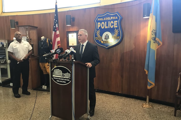 Philadelphia Police Homicide Capt. Jason Smith speaks at a news conference Sept. 26, 2019, about a fatal shooting during an alleged home-invasion robbery on the 2200 block of South Darien Street in South Philadelphia the previous night.