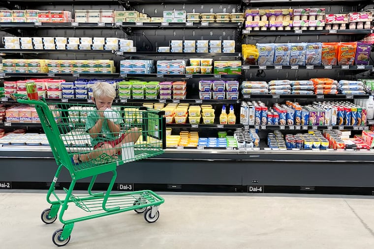 Cole Alderfer, 4, sat in a grocery cart while shopping with his mom, Kate Alderfer (not pictured), at the new Amazon Fresh grocery store off Easton Road in Warrington on Aug. 5, 2021.