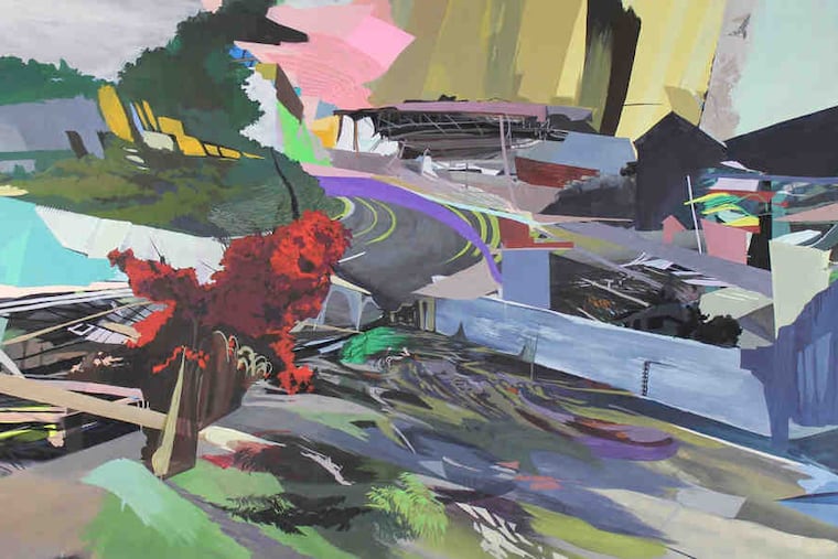 Arden Bendler Browning's 2010 gouache on Tyvek, from her show "Splinters," is staged along with Jeffrey Stockbridge's at Delaware Center for Contemporary Art. Her work suggests the rhythm of urban life.