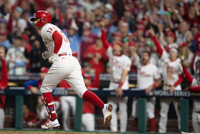 Rhys Hoskins hits a home run in the fifth inning of Game 3 of the World Series on Tuesday.