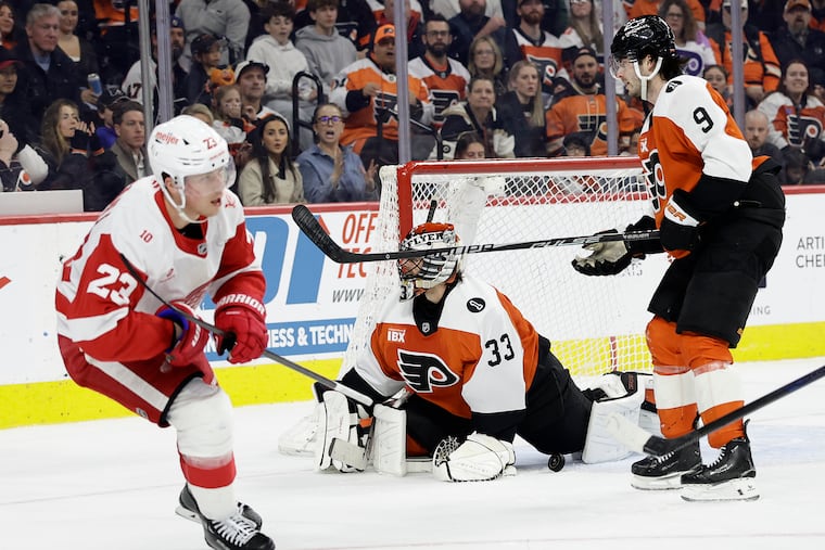 Lucas Raymond (left) scored a second period goal against Flyers goaltender Sam Ersson.