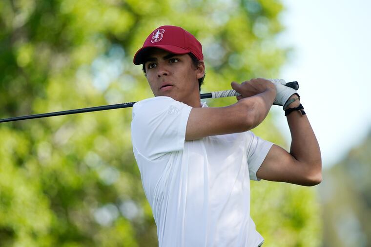 Stanford's Nate Menon, shown here competing at April's Western Intercollegiate golf tournament, is tied for second in the Pennsylvania Amateur.
