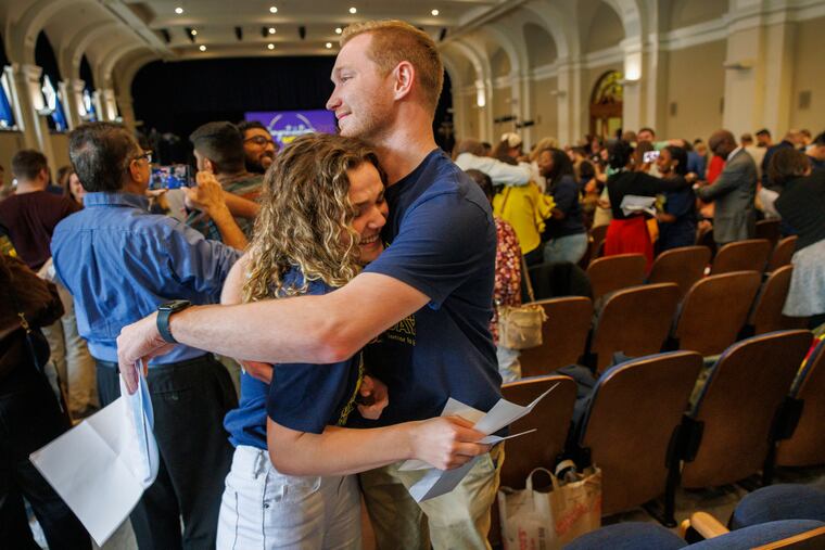 Jannah Wing and boyfriend Kevin Rooney react to learning where they will spend their residency on Match Day at Drexel University on Friday.