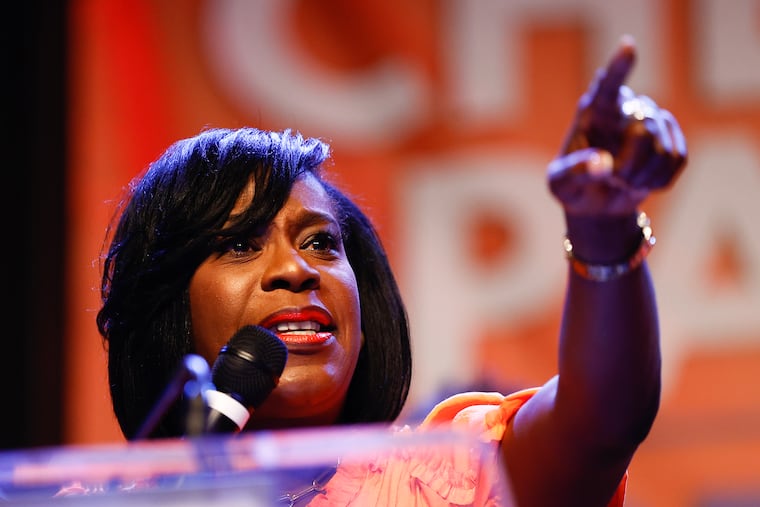 Democratic nominee for Philadelphia mayor Cherelle Parker thanks supporters during her official victory party at the Pennsylvania Convention Center. Parker hosted the party on June 2, several weeks after winning the Democratic primary.
