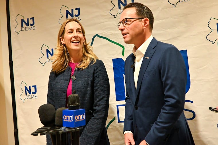 Gov. Josh Shapiro on the campaign trail for NJ gubernatorial candidate Mikie Sherrill (left) Saturday.
