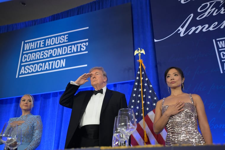 President Donald Trump attends the White House Correspondents' Association Dinner, at the Waldorf Astoria Washington DC, Friday, July 24, 2026, in Washington, with with WHCA president Weijia Jiang (right) and White House press secretary Karoline Leavitt.