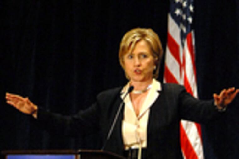 Sen. Hillary Rodham Clinton addresses a presidential campaign event at the Sheraton Philadelphia City Center Hotel. The crowd enthusiastically welcomed her comments yesterdayon Iraq, health care, and support for working families.