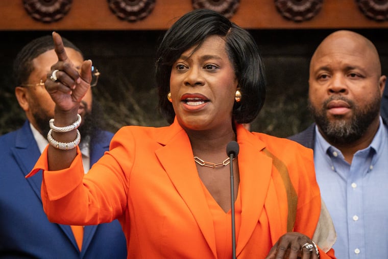 Mayor Cherelle Parker, standing at a news conference in the Mayors Reception Room in November when she introduced her transition committee. Her administration has taken shape over the last five months, and some of her closest aides have salaries notably higher than their predecessors.