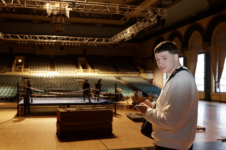 South Jersey boxer Thomas LaManna checks on how the set up is going for his boxing event in the Adrian Phillips Theater at Boardwalk Hall in Atlantic City, N.J. on March 23, 2022. LaManna doubles as a fighter and a promoter and hopes to bring boxing back to prominence in Atlantic City.