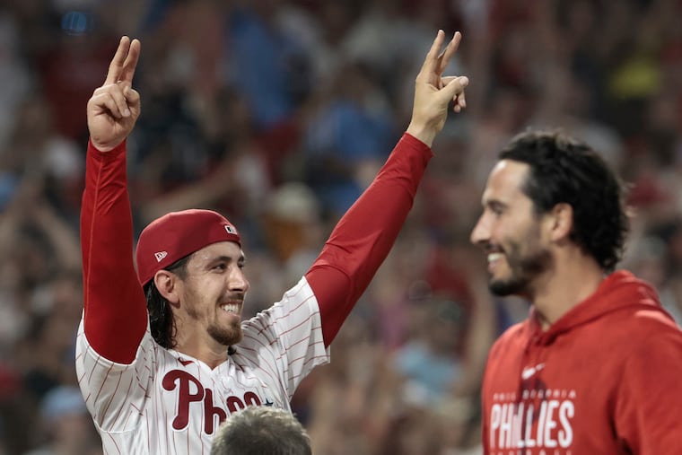 Phillies pitcher Michael Lorenzen celebrates his no-hitter on Wednesday at Citizens Bank Park.