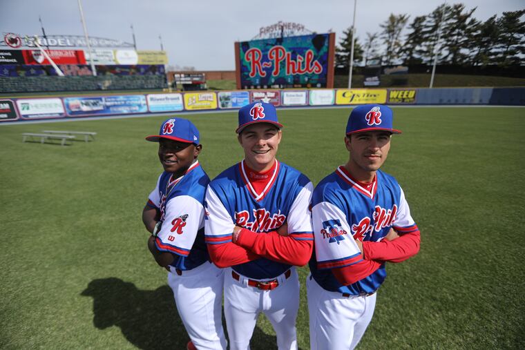 From left, Cornelius Randolph, Mickey Moniak and Adam Haseley of the Reading Phillies.