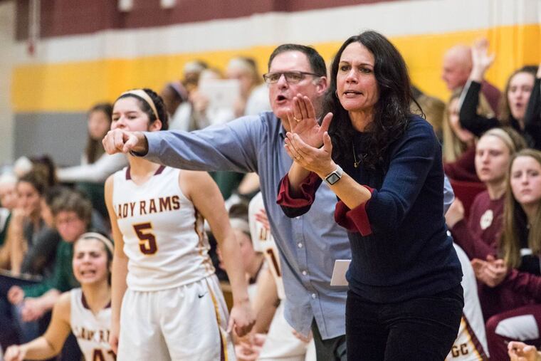 Gloucester Catholic girls’ basketball coach Lisa Gedaka (right), picked up her 600th career win on Saturday.