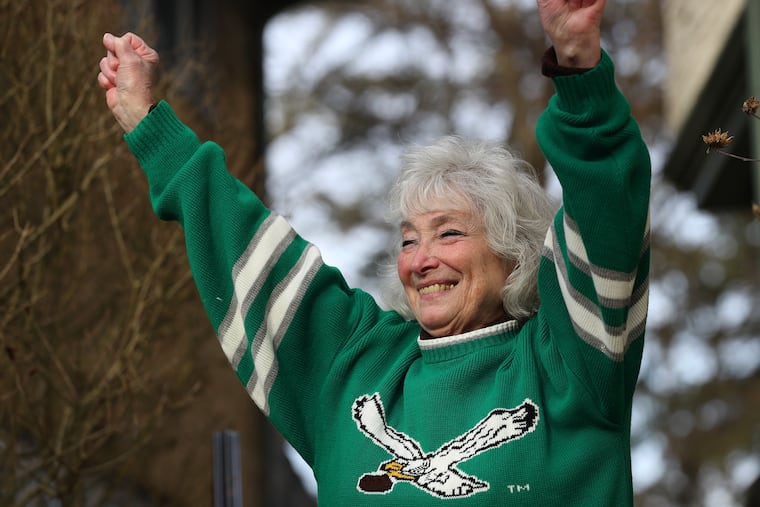 Susan Segal-Bonavitacola cheers for the Eagles at their West Mount Airy home on Thursday, February 2, 2023. Segal-Bonavitacola credits Atlantic City Mayor Marty Small Sr., with saving her life at Lincoln Financial Field on Sunday during the Eagles NFC Championship game against the San Francisco 49ers.