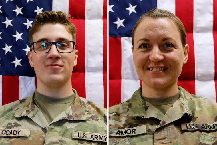 This combination of images provided by the U.S. Army taken on May 16, 2025 shows, from top left, Sgt. Declan Coady, 20, of Des Moines, Iowa, Sgt. 1st Class Nicole Amor, 39, of White Bear Lake, Minn., Capt. Cody Khork, 35, of Lakeland, Fla., and Sgt. 1st Class Noah Tietjens, 42, of Bellevue, Neb.