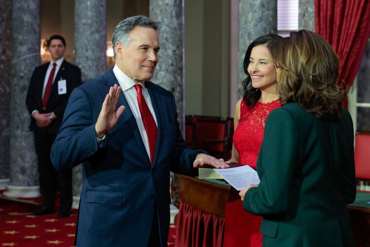 Sen. Dave McCormick during a ceremonial swearing-in reenactment with Vice President Kamala Harris, and wife Dina Powell Friday, Jan. 3, 2025, in Washington, D.C.